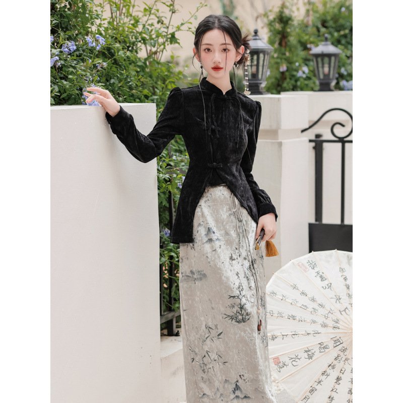 日韩新中式禅意丝绒旗袍套装女秋冬2025新款国风复古气质设计感连