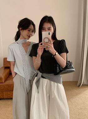 MM Studio小V领T恤女夏季纯色百搭T恤宽松显瘦简约打底衫上衣2608