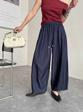 MM Studio 树皮皱垂感阔腿裤松紧腰抽绳裤 夏季透气显瘦慵懒风060