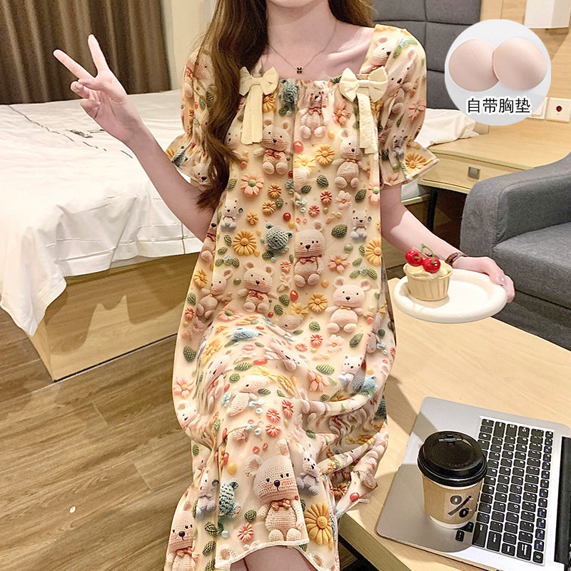 睡裙女2025夏季短袖冰丝睡衣带胸垫公主风可爱薄款家居服可外穿