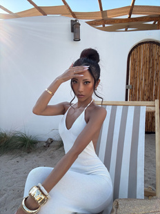 欧美风新款时尚ins风复古针织连衣裙绑带露背晚礼裙长裙度假裙