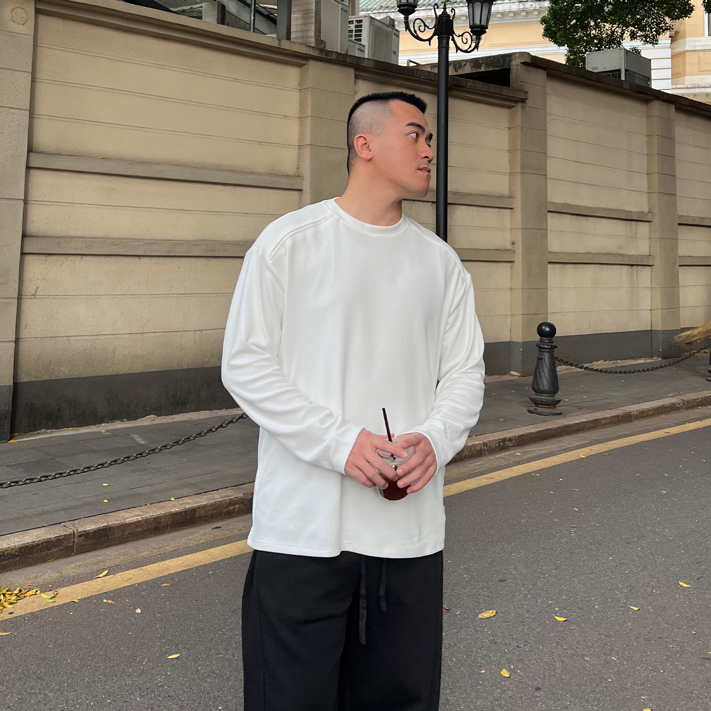 FFMR「肩线破坏德绒打底」2025秋冬加厚宽松圆领T恤长袖上衣男款