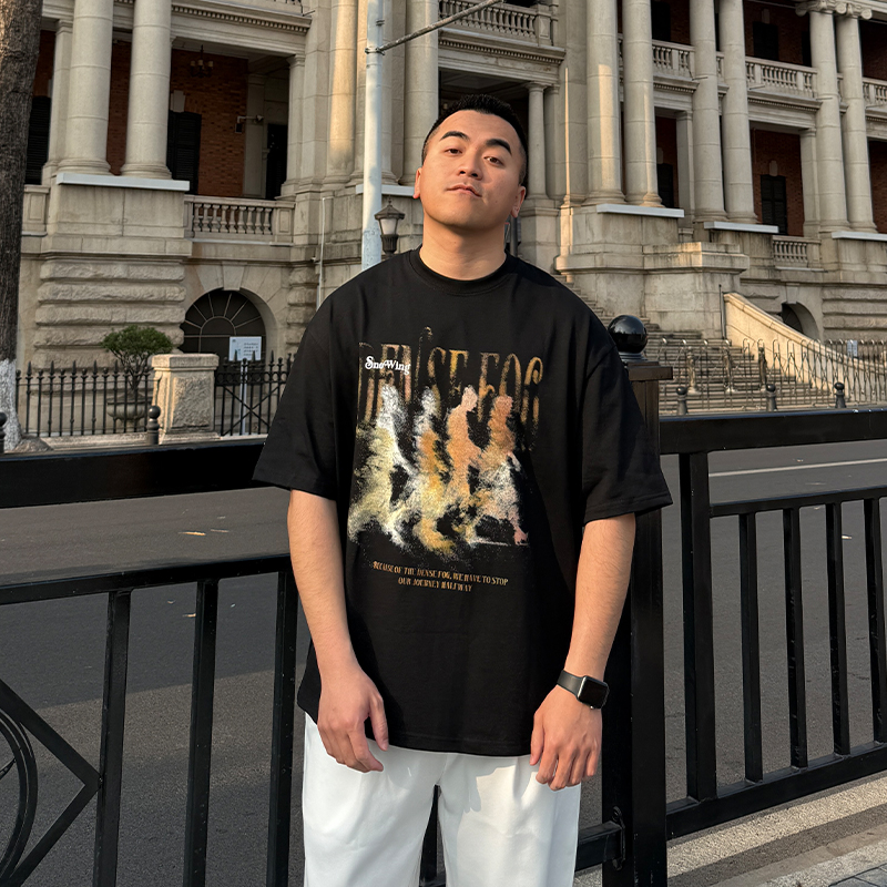 FFMR 2025春夏季美式复古人像印花T恤男士休闲宽松小领口短袖上衣