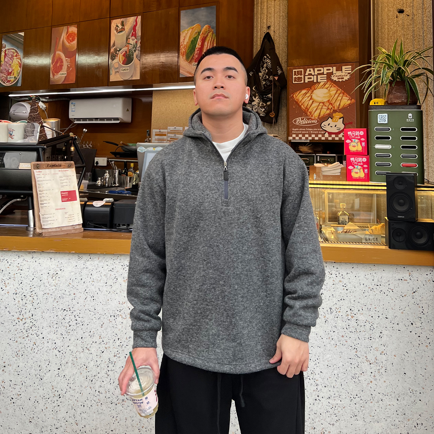 FFMR【格雷德半拉链毛呢卫衣】2025秋冬加绒深灰色美式连帽帽衫男