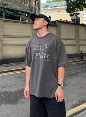 FFMR 2025夏季美式立体刺绣透气圆领T恤休闲宽松灰色小领口短袖男