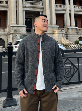 FFMR「撞色门襟老钱风针织开衫」2025冬季重磅半高领复古灰色毛衣