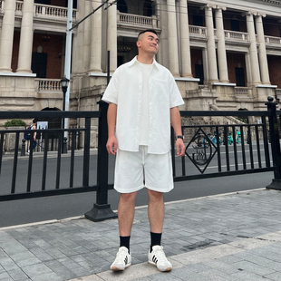 FFMR 小众肌理感翻领衬衫套装男2025夏季休闲宽松短裤两件套男士