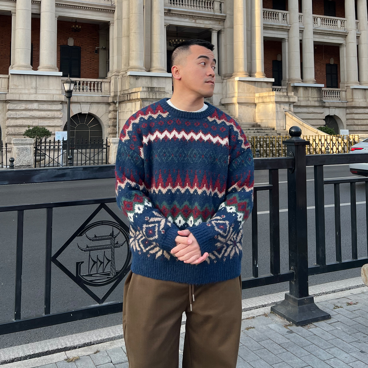 FFMR「费尔岛撞色羊毛针织衫」2025冬季复古提花宽松圆领套头毛衣