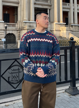 FFMR「费尔岛撞色羊毛针织衫」2025冬季复古提花宽松圆领套头毛衣