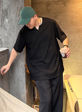 FFMR 夏季小亨利领T恤美式设计感薄款宽松百搭黑色短袖硬汉亨利衫