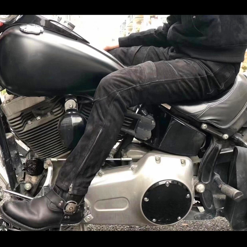 现货男士冬季黑色牛皮摩托车骑行裤翻毛哈雷护具皮裤防摔防风保暖