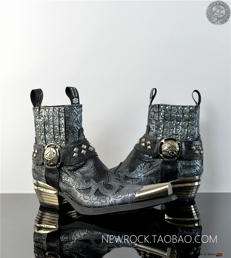 西班牙NEWROC个性雕花骷髅铆钉西部牛仔靴机车男靴哈雷骑士靴尖头