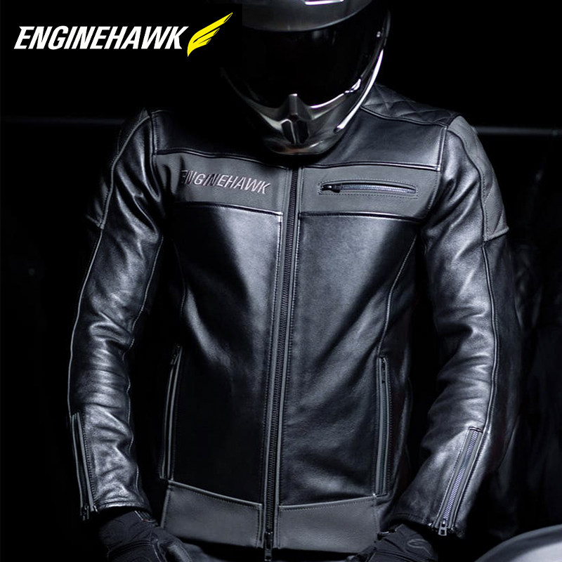 英国ENGINEHAWK哈雷摩托车复古黑色骑行服 夜间反光 防摔皮衣夹克