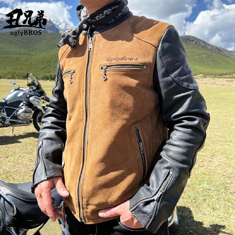 uglybros丑兄弟摩托车骑行服哈雷复古机车翻毛皮皮衣防摔护具夹克
