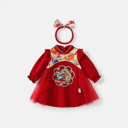 一周岁女孩公主小礼服秋天周岁女宝宝拜年服抓周红色婴幼儿公主裙