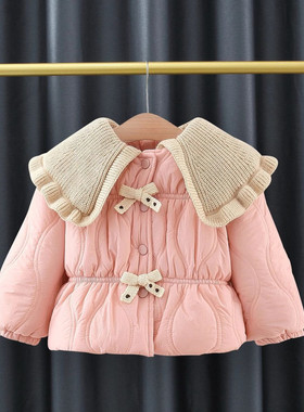 儿童棉服冬季加厚加绒保暖棉袄女童翻领收腰蝴蝶结棉衣外套休闲