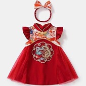 新中式 女童连衣裙夏季 周岁女宝宝抓周宴衣服百岁宴红色礼服