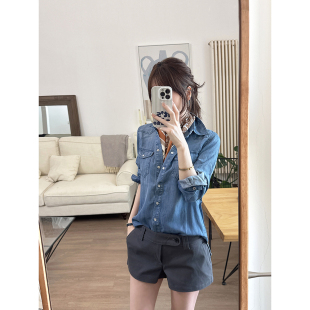 CHIA欧美ins风BI入常规正肩经典 垂感莱赛尔暗纹不卷边牛仔色衬衫