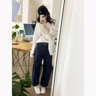 颓废家立体裁剪设计感口袋普洗牛仔九分裤气球裤女高腰直筒阔腿裤