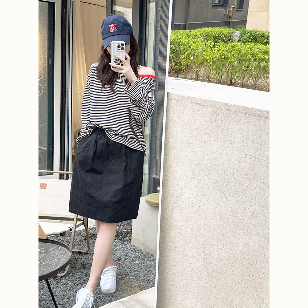 颓废家韩系松弛感布衣风棉布简洁黑色花苞裙高腰显瘦直筒半身裙女