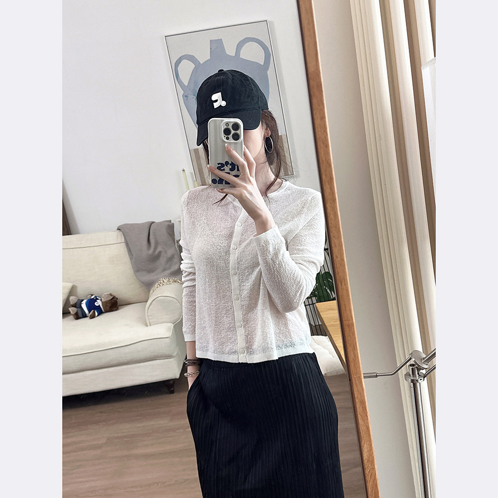 CHIA春夏防晒空调衫机理感新沙线麻感棉弹力轻薄圆领针织小衫