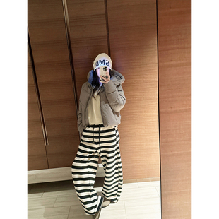 CHIA冬季复合绒保暖帅气的宽条纹显瘦抽绳弯刀裤裤脚可抽绳哈伦裤