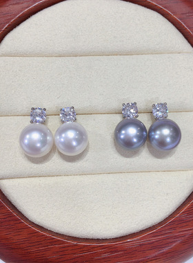 真金麻灰白色天然珍珠耳钉戴妃款925纯银耳针经奢高级感女耳环饰