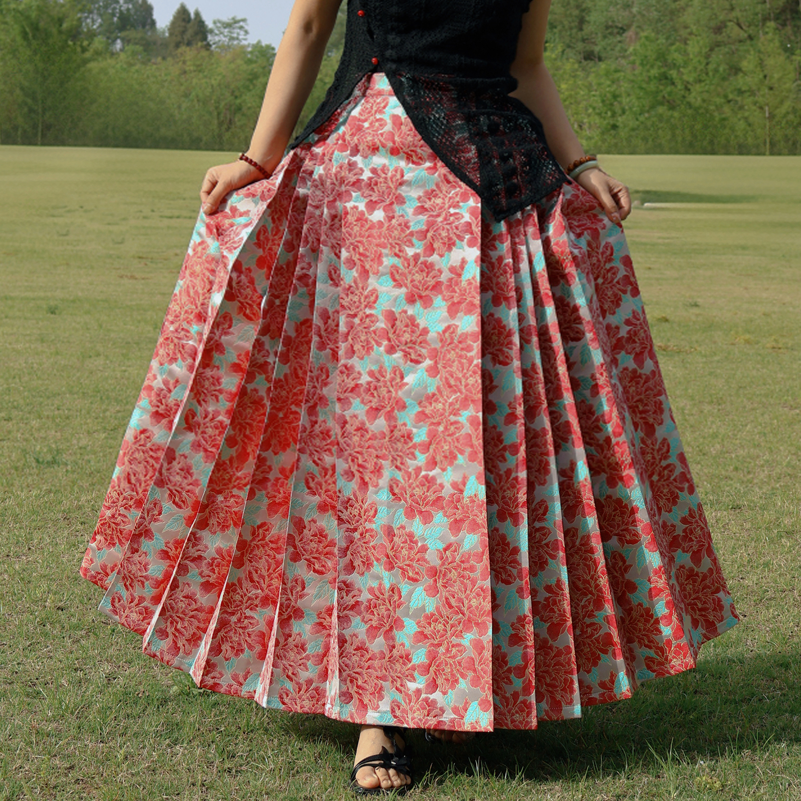 中式国风提花牡丹织金改良马面裙