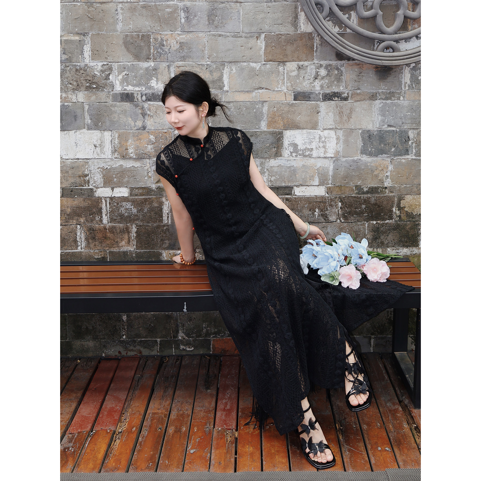 真大鱼大小码【影】原创中式国风复古蕾丝连衣裙全开襟高开叉旗袍,女装/女士精品,旗袍,淘宝优惠券,粉丝福利购,淘宝优惠卷