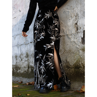 真大鱼大小码【流光】黑色丝绒银亮片竹叶刺绣开叉半身裙女显瘦裙