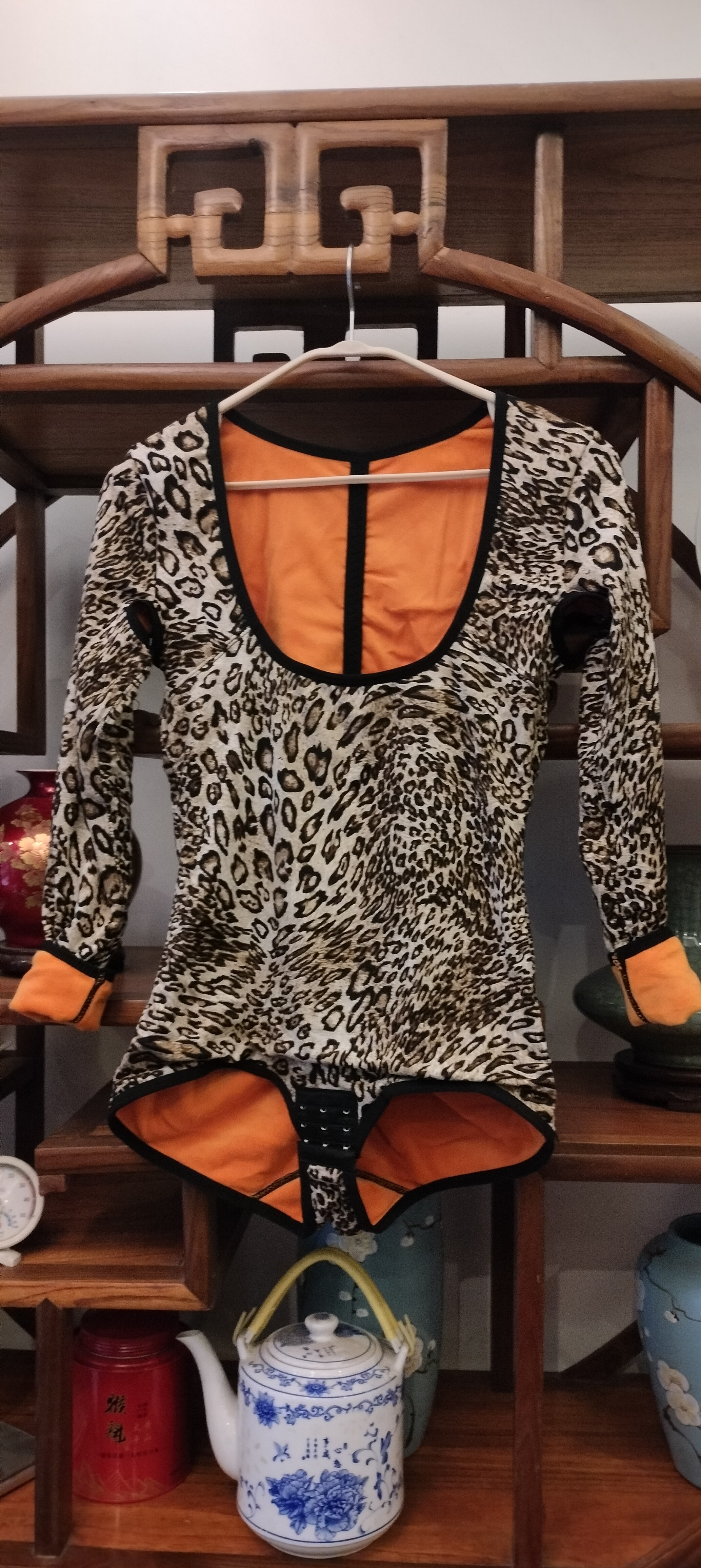 性感豹纹加厚加绒保暖塑身衣连体三角长袖保暖内衣束身紧身衣