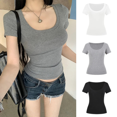 基础款百搭粉色短袖T恤女夏季辣妹修身显瘦短款露脐方领上衣ins潮