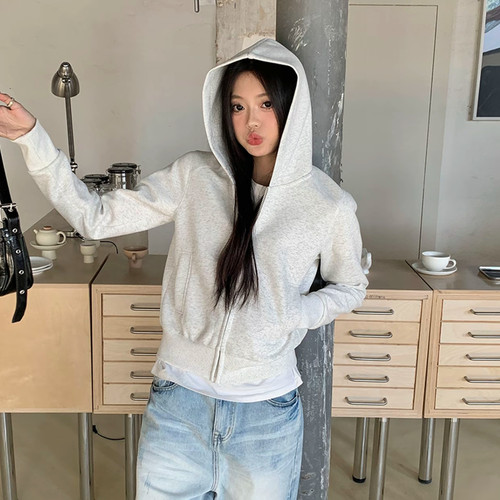billkong连帽拉链口袋卫衣修身百搭灰色长袖卫衣上衣开衫短外套女