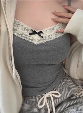 billkong蕾丝胸垫吊带背心打底女蝴蝶结蕾丝内搭外穿显瘦短款上衣