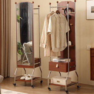中古风实木全身镜可移动旋转穿衣镜挂衣架多功能家用不锈钢衣帽架