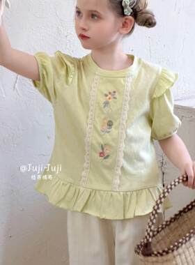 juji•橘寄静候花开夏季新款儿童女童森系法式好看时尚衫短衫X8825
