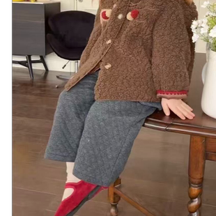 休闲菱格夹棉加厚阔腿裤 女童秋冬法式 波尔多 D62028 橘寄