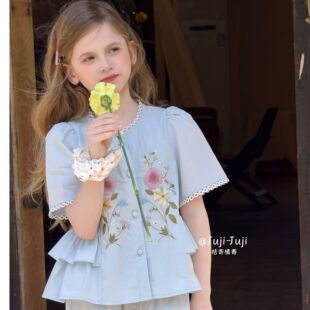 juji•橘寄 {风遇花眠} 夏季女童洋气可爱娃娃衫八分裤套装X8821
