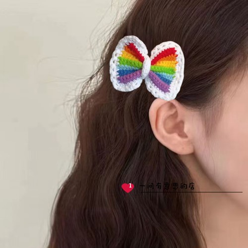 纯手工毛线彩虹蝴蝶结发夹可爱公主蝴蝶结顶夹头饰品彩虹发夹发圈
