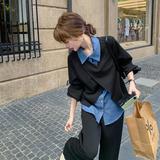 黑色设计感拼接卫衣套装女秋季2025新款休闲牛仔衬衫阔腿裤两件套，女装套装/套裙，宁宁家