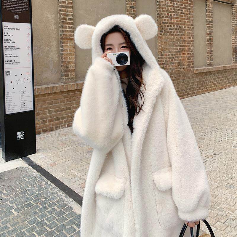 白色仿貂毛皮毛一体外套女冬中长款2024新款加厚可爱毛毛学生少女,女装皮草,宁宁家