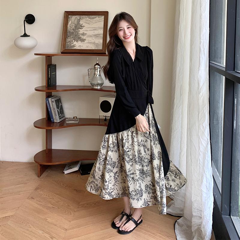 新中式V领碎花连衣裙女春夏2025新款独特绝美温柔气质假两件长裙，女装连衣裙，宁宁家