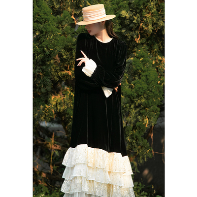 法式A字真丝丝绒荷叶边连衣裙