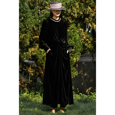 高端丝绒小众纯色法式镶钻连衣裙