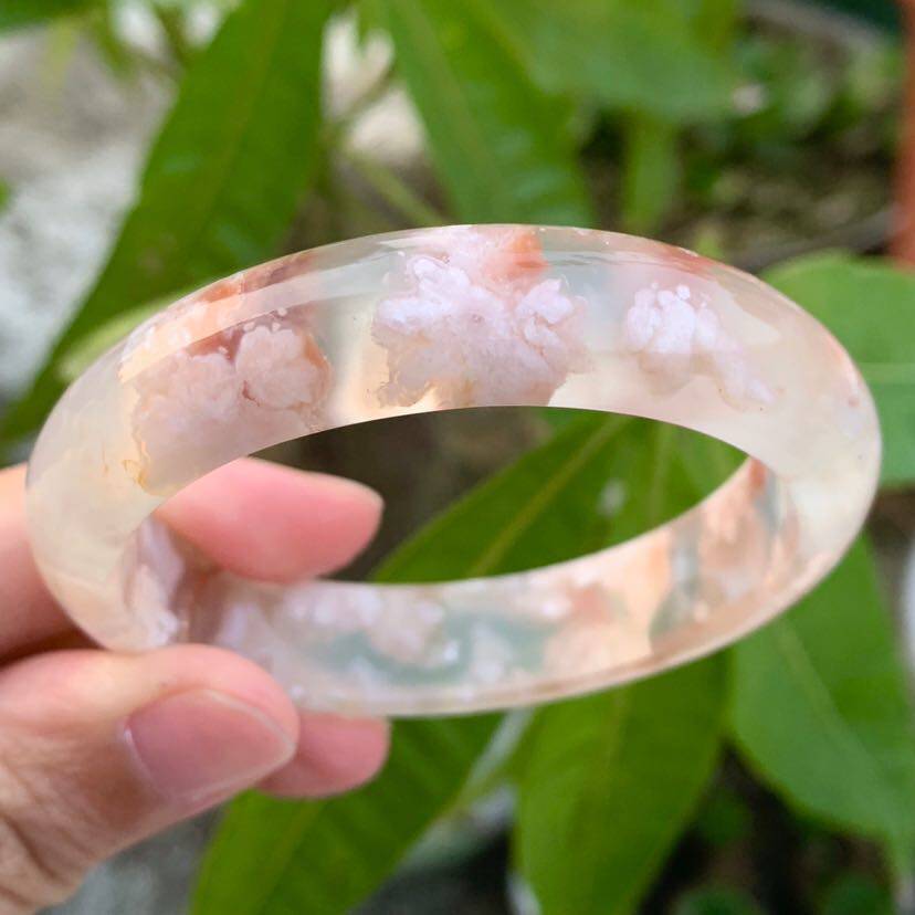 52.5圈天然高冰种粉红色樱花玛瑙手镯女款飘花海洋玉髓转运手环