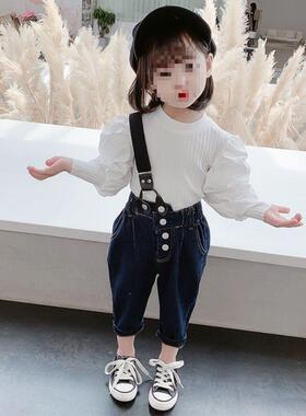 儿童套装春秋款男女新款韩版春季单肩长袖背带裤女儿童背带两件套