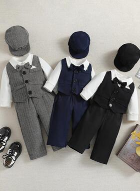 跨境童装秋季新款婴儿韩版绅士三件套马甲哈衣背带裤生日拍摄套装