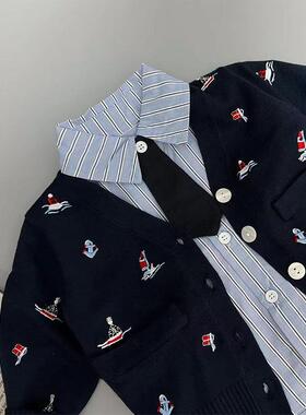 男童套装春秋新款韩版刺绣帆船V领针织衫宝宝开衫外套休闲外出服