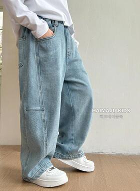 海妈家童装2025秋冬新款男童韩版牛仔裤洋气阔腿裤加绒弯刀裤加厚