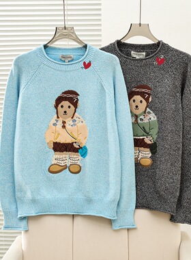 2025秋冬新款学院风大熊熊花纱感针织圆领长袖毛衣女TTKW254VC3K